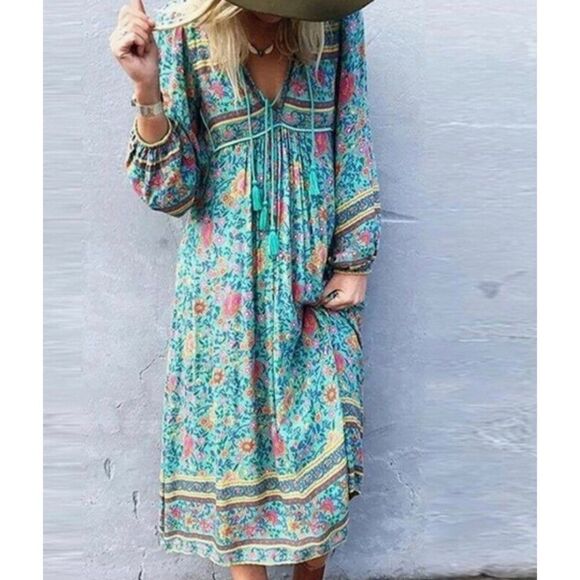 NWT R. Vivimos Boho Tie Front Tassel Balloon Sleeve Ankle Dress Size S - Picture 3 of 13